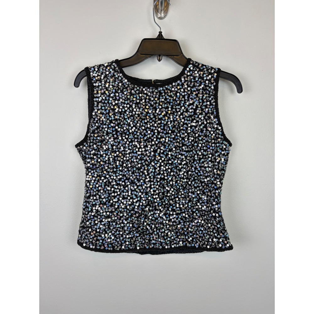 Papell Boutique Evening Tank Top Medium Black Sequin Beaded Silk Glam Vintage
